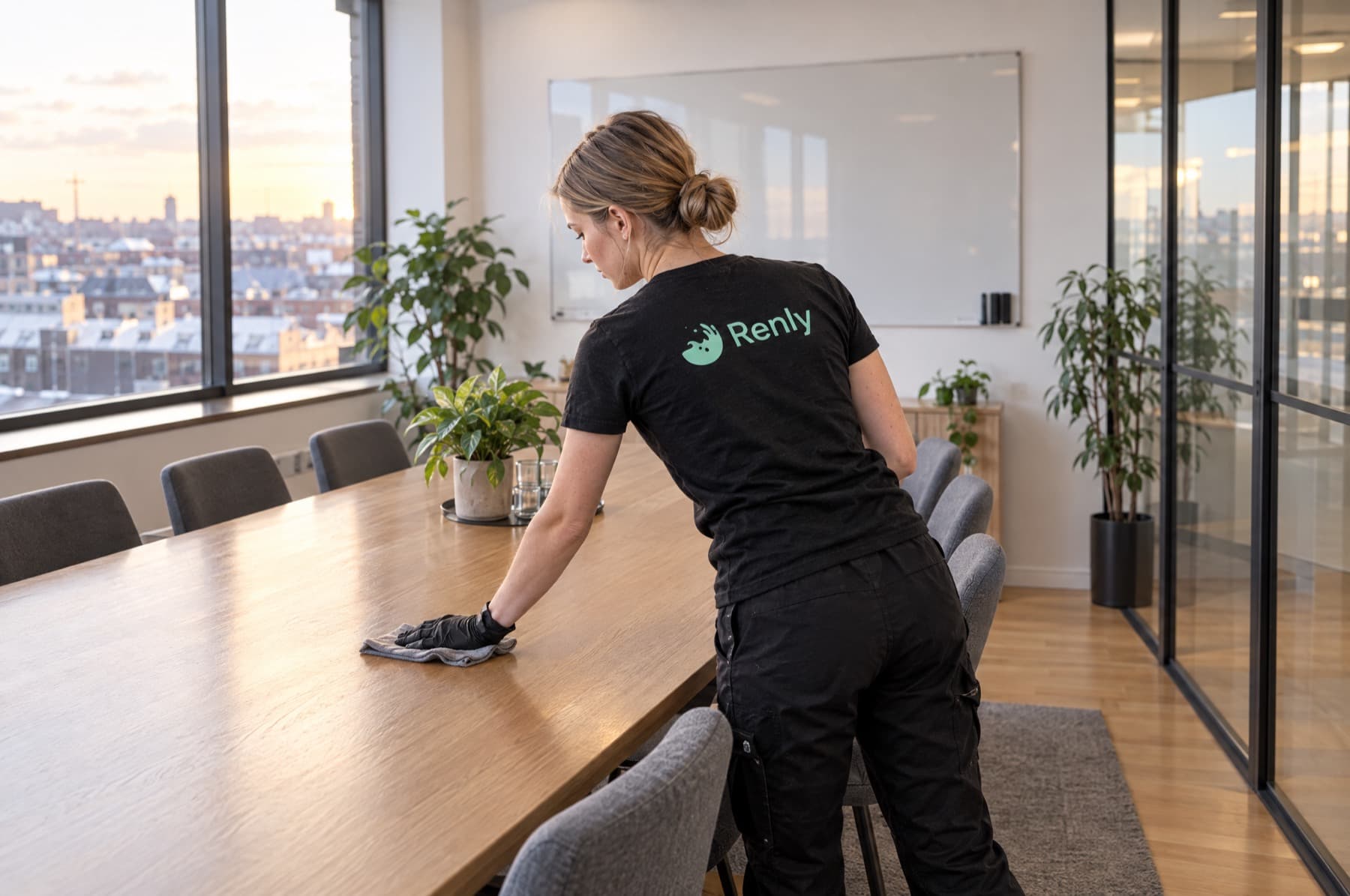 Renly-assistent tørrer mødebordet af på et kontor efter lukketid