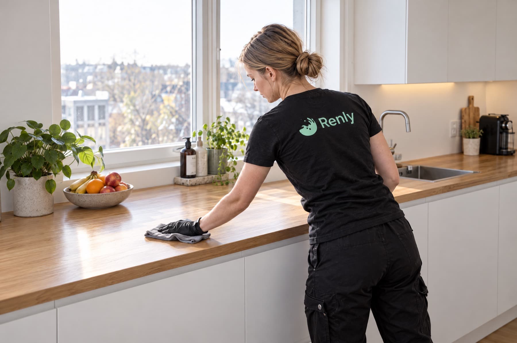 Renly-assistent tørrer køkkenbordet af i et lyst køkken