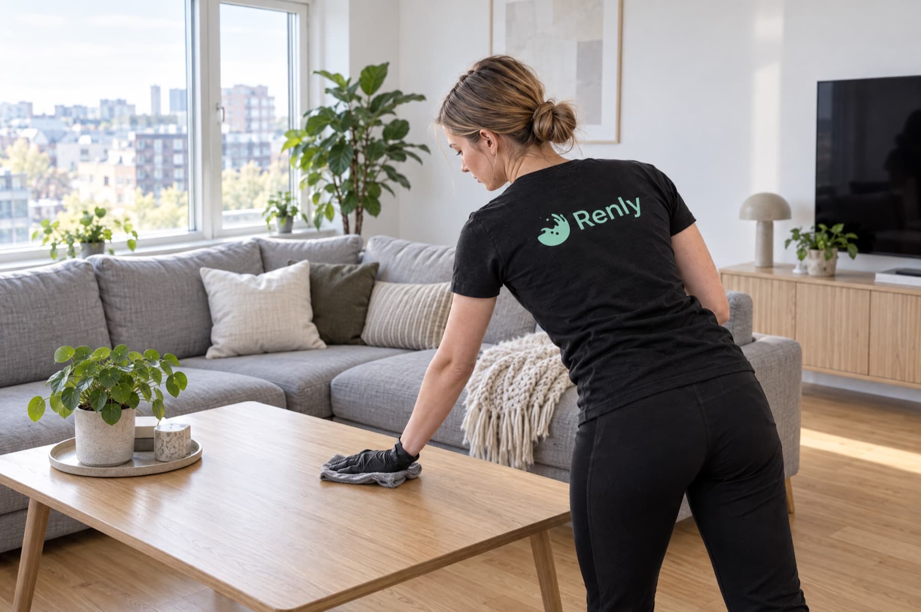 Renly-assistent tørrer sofabordet af