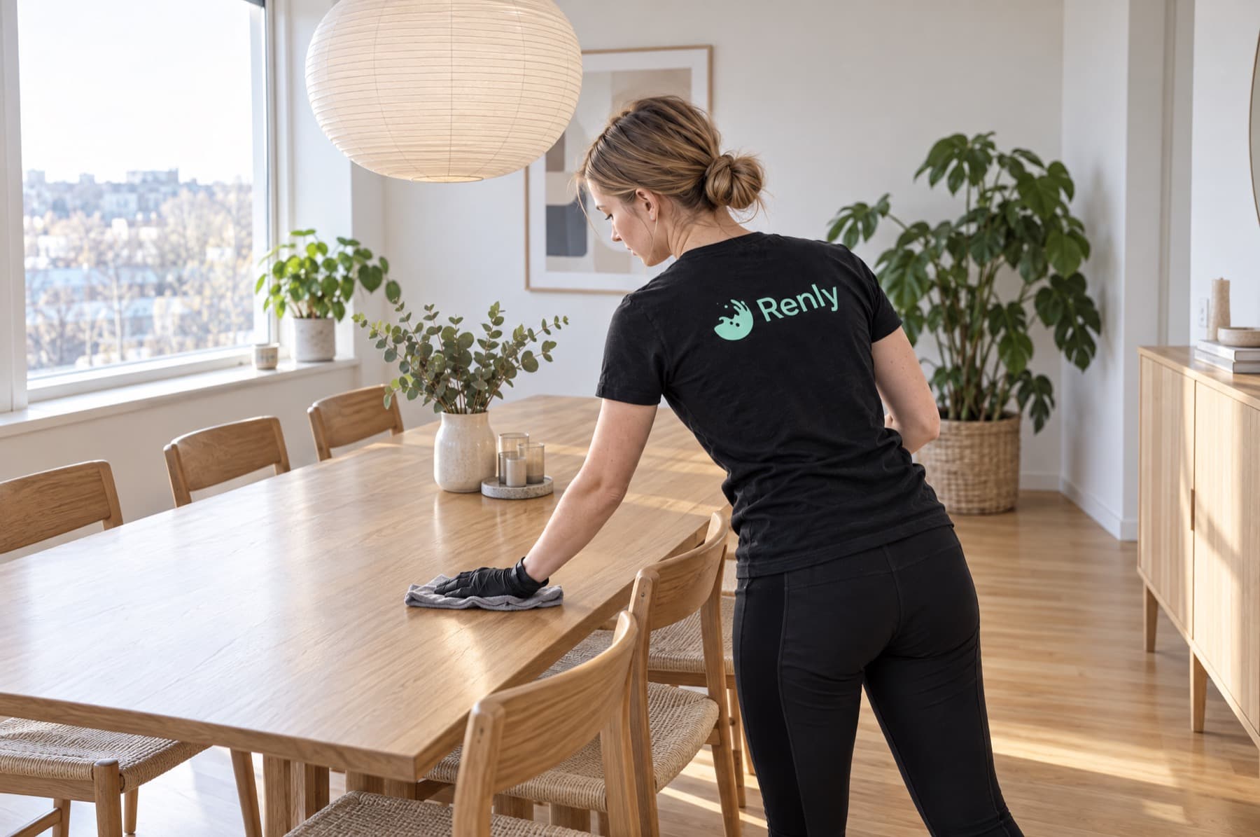Renly-assistent tørrer spisebordet af i en lys stue