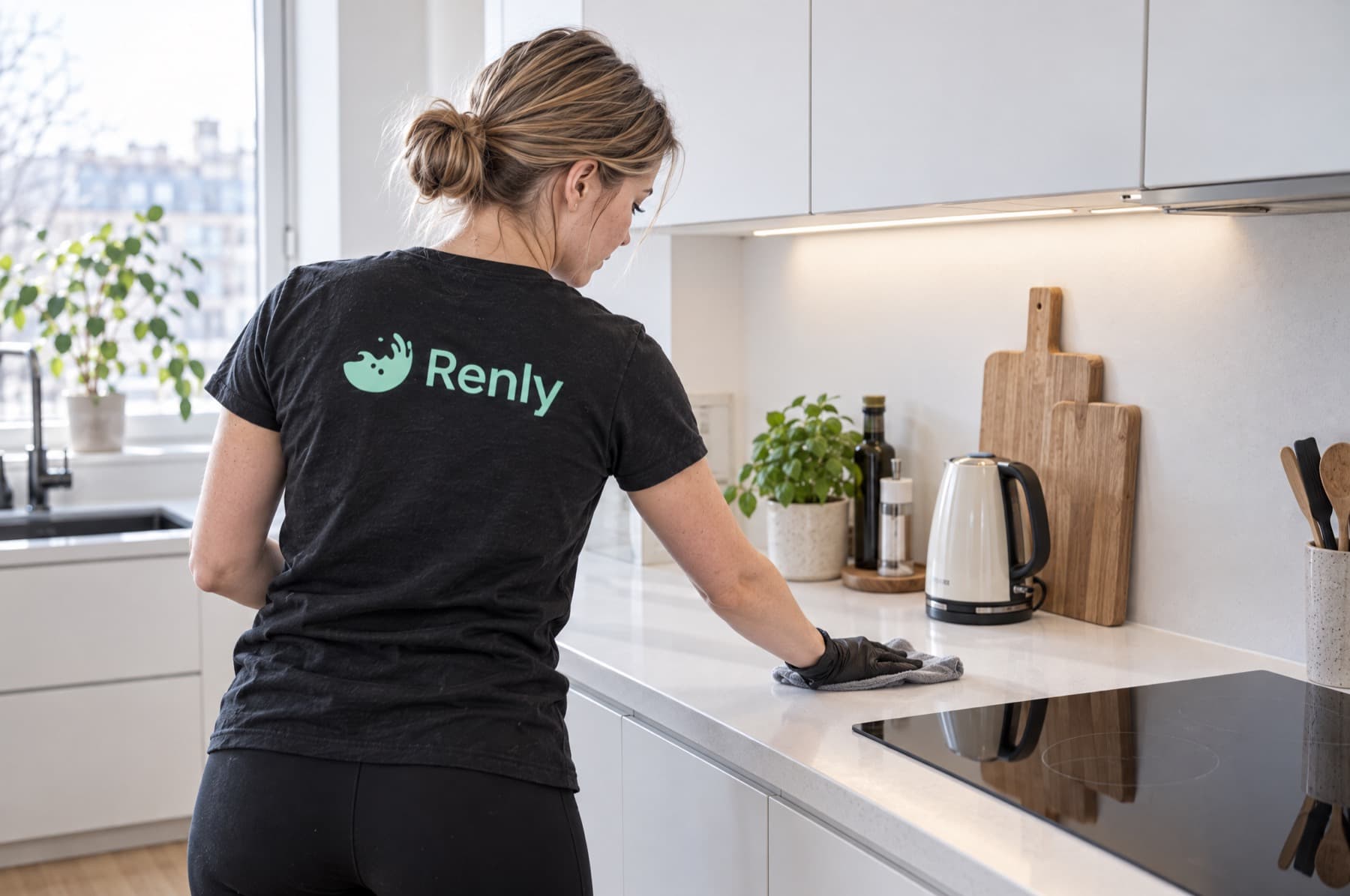 Renly-assistent tørrer køkkenbordet af ved kogepladen